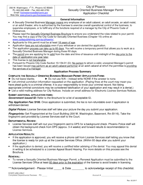 First page of the Sexually Oriented Business Manager Permit Application