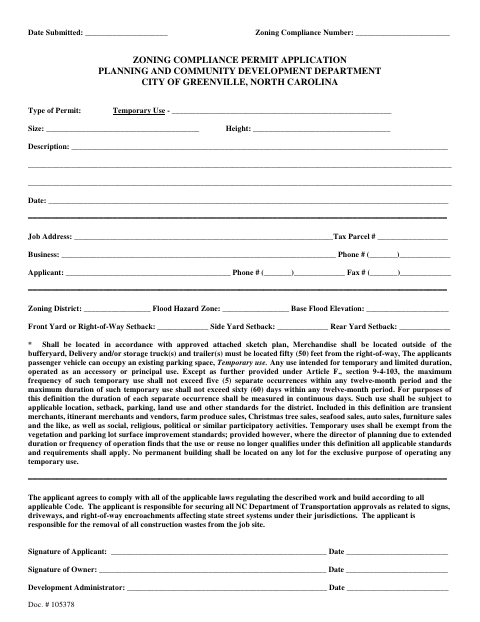 First page of the Temporary Use Zoning Compliance Permit Application