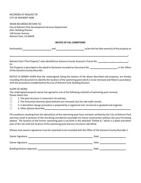 First page of the Swimming Pool Notice of Infill Conditions