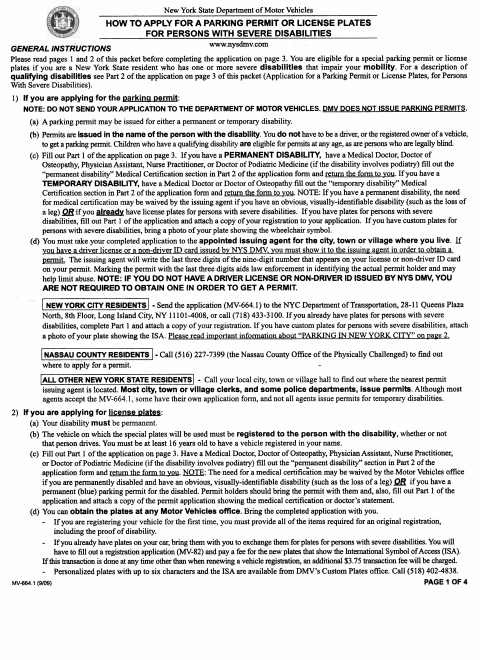 First page of the Application for a Parking Permit or License Plates for Persons With Severe Disabilities