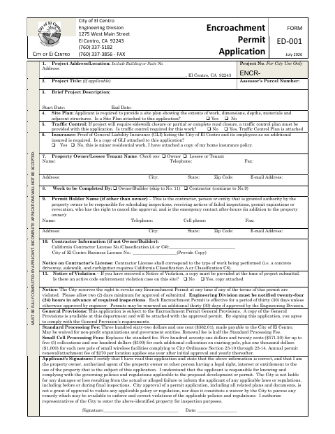 First page of the Encroachment Permit Application