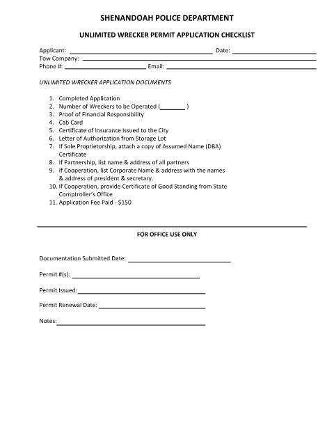 First page of the Unlimited Wrecker Permit Application