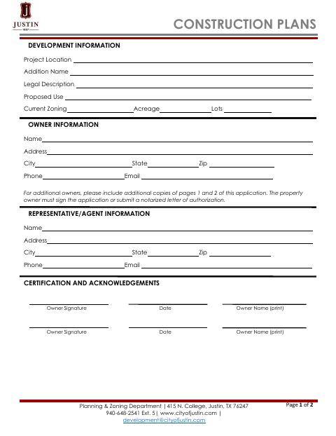 First page of the Construction Plans Application
