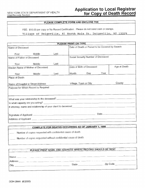 First page of the Death Certificate Application