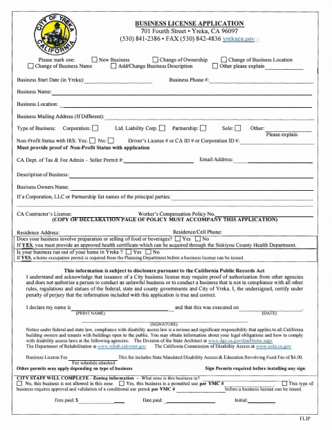 First page of the Business License Application