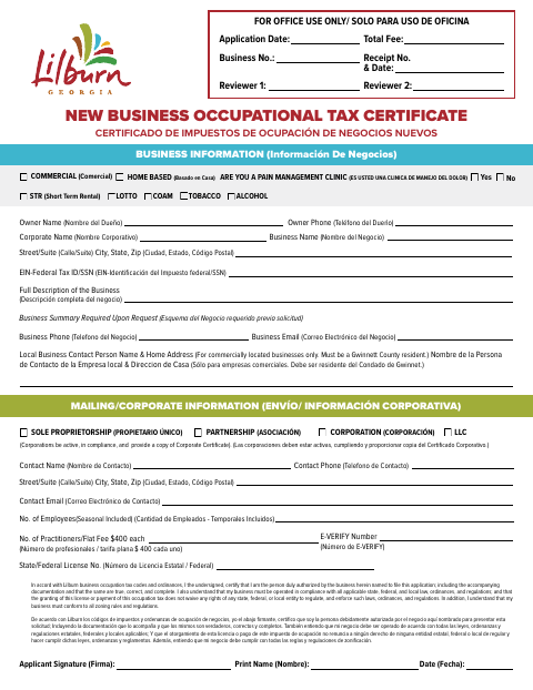 First page of the New Business Occupational Tax Certificate Application