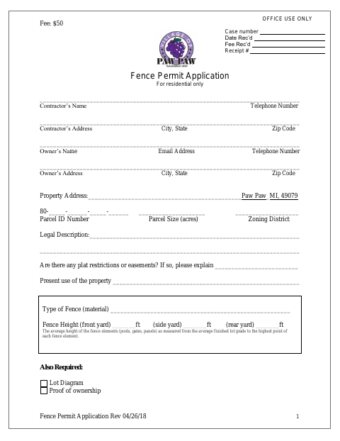First page of the Fence Permit Application