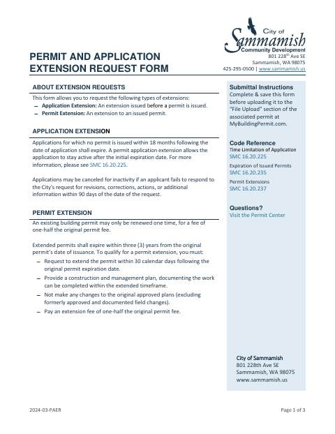 First page of the Permit and Application Extension Request Form