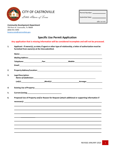 First page of the Specific Use Permit Application