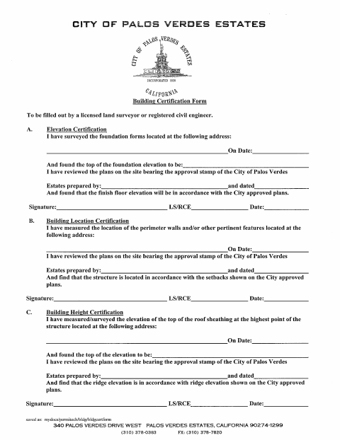 First page of the Building Certification Form