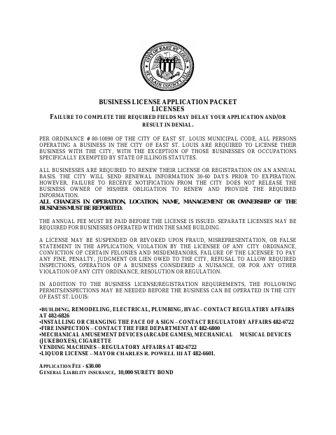 First page of the Business License Application Packet