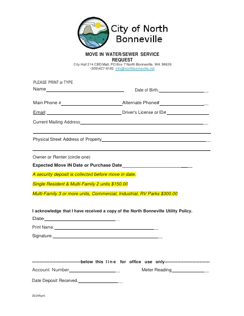 First page of the Move In Water/Sewer Service Request