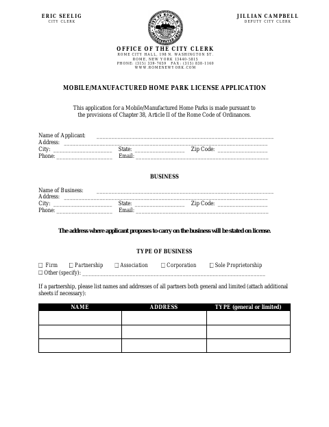 First page of the Mobile/Manufactured Home Park License Application