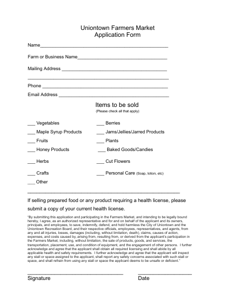 First page of the Farmers Market Application Form