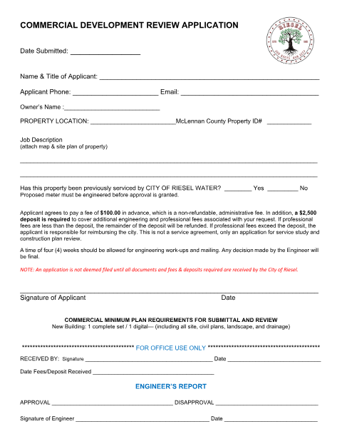 First page of the Commercial Development Review Application