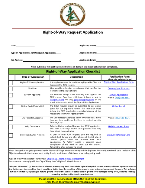 First page of the Right-of-Way Request Application