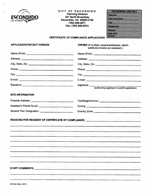 First page of the Certificate of Compliance Application