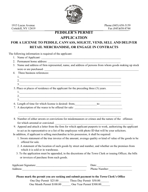 First page of the Peddler’s Permit Application
