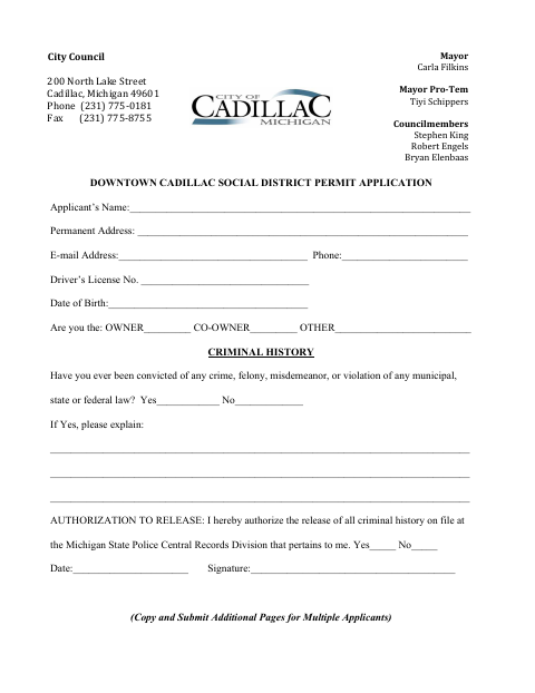 First page of the Downtown Cadillac Social District Permit Application