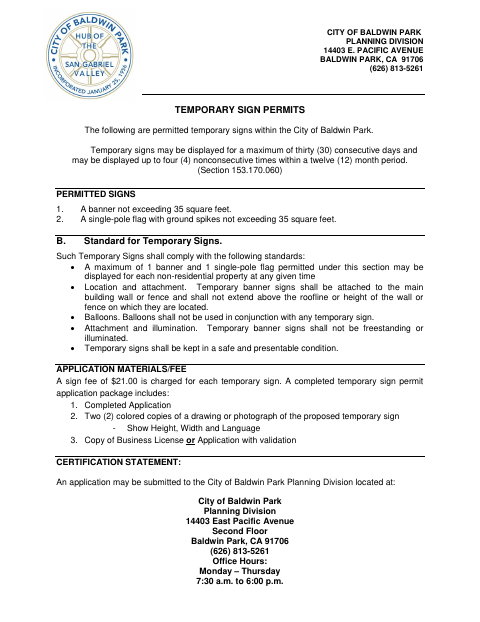 First page of the Temporary Sign Permit Application