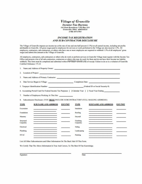 First page of the Income Tax Registration and Subcontractor Disclosure Form