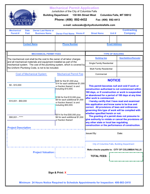 First page of the Mechanical Permit Application