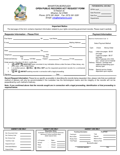 First page of the Open Public Records Act Request Form