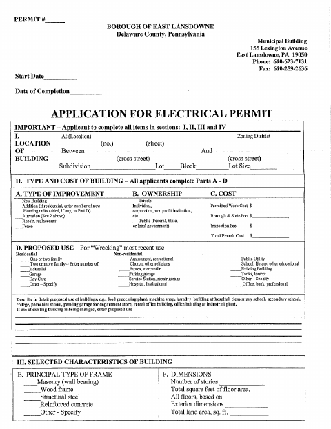 First page of the Electrical Permit Application
