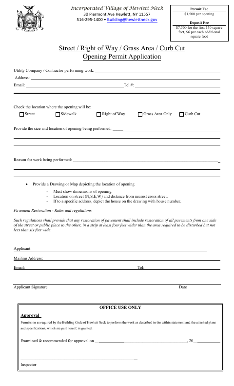 First page of the Street / Right of Way / Grass Area / Curb Cut Opening Permit Application