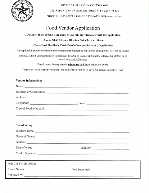First page of the Food Vendor Application