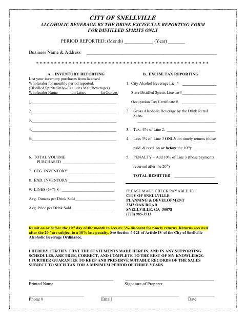 First page of the Excise Tax Reporting Form for Distilled Spirits Only