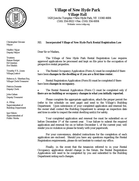 First page of the Rental Registration Application