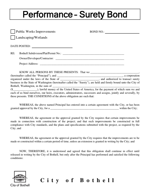 First page of the Performance Surety Bond – Landscaping/Wetlands