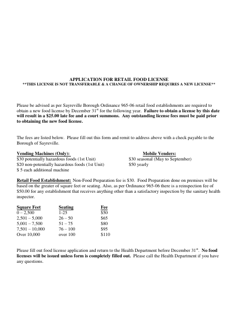 First page of the Application for Retail Food License