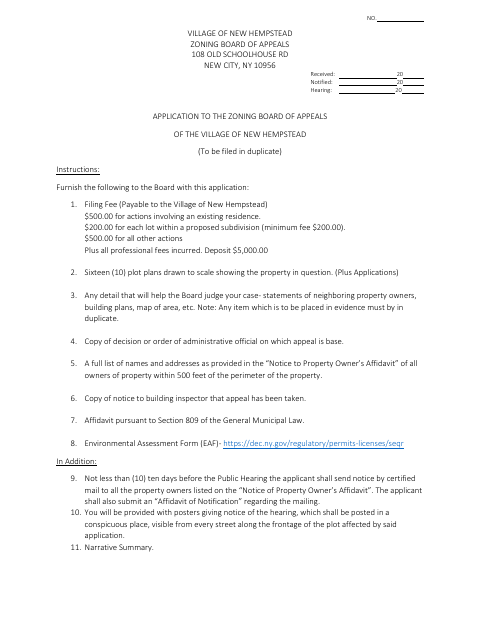 First page of the Zoning Board of Appeals Application