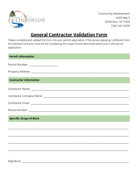 First page of the General Contractor Validation Form