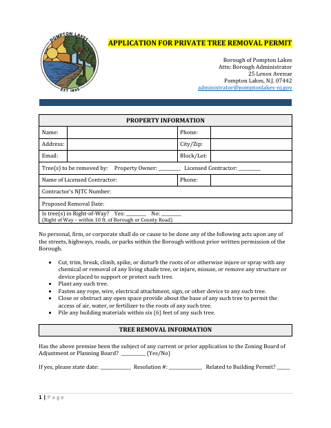 First page of the Application for Private Tree Removal Permit