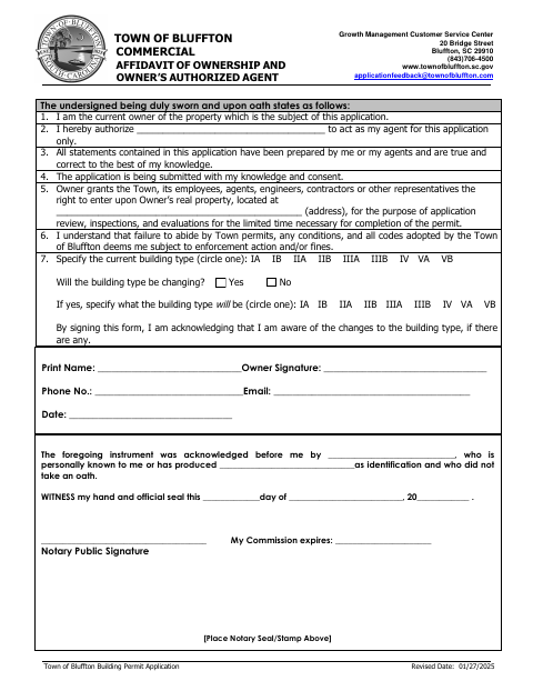 First page of the Commercial Affidavit of Ownership and Owner’s Authorized Agent