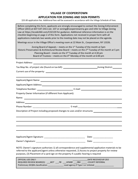 First page of the Application for Zoning and Sign Permit