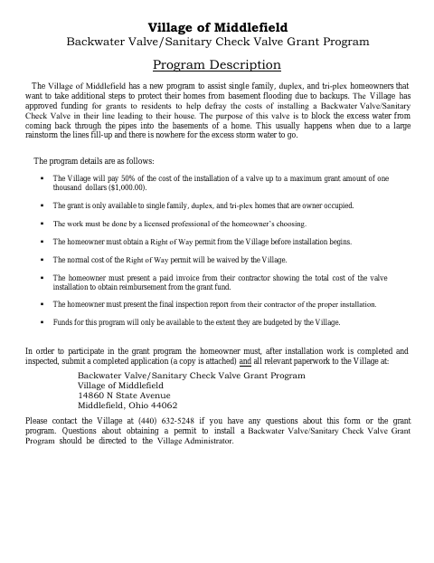 First page of the Backwater Valve/Sanitary Check Valve Grant Program Reimbursement Form