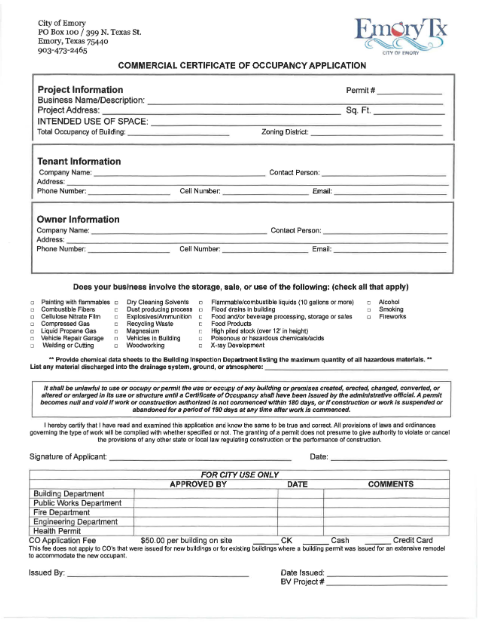 First page of the Commercial Certificate of Occupancy Application