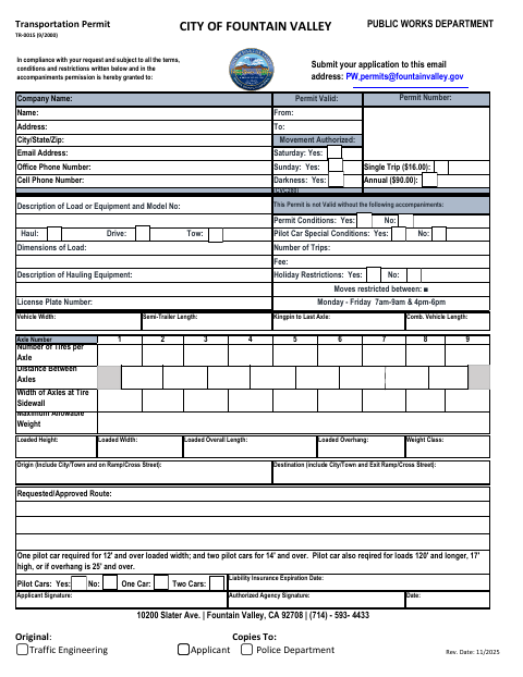 First page of the Transportation Permit