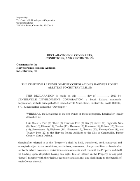 First page of the Harvest Pointe Covenants, Conditions, and Restrictions