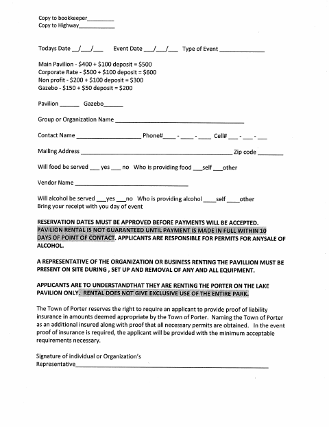 First page of the Porter on the Lake Shelter Application
