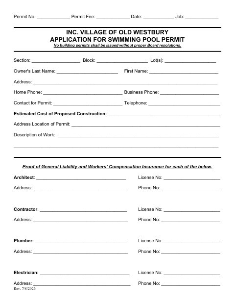 First page of the Swimming Pool Building Permit Application