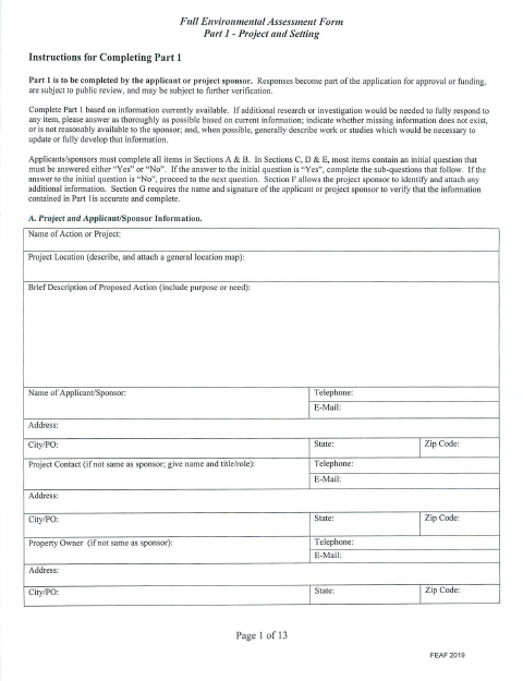 First page of the Full Environmental Assessment Form