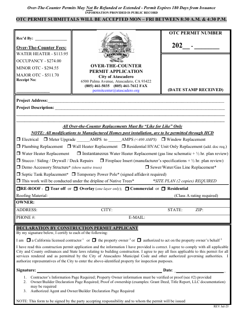 First page of the Over-The-Counter Permit Application (Owner/Builder Declaration)