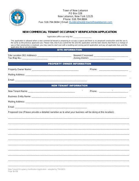 First page of the New Commercial Tenant Occupancy Verification Application