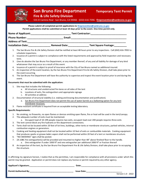 First page of the Temporary Tent Permit