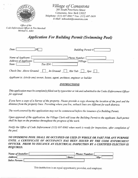 First page of the Swimming Pool Building Permit Application